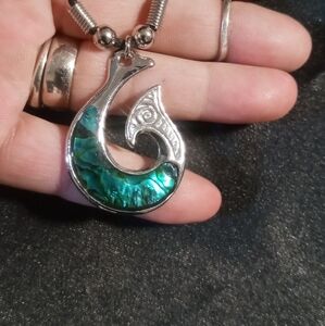Men's paua' fish hook Silver and Green Pendant Necklace on nylon cord